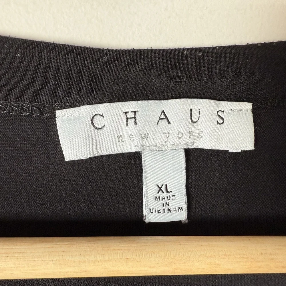 CHAUS NY BLACK ZIPPERED SHOULDERS TUNIC BLOUSE‎ SZ XL CAREER ACADEMIA